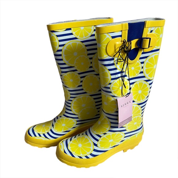 Serra Lemon and Blue Stripes Rain Boots NWT - Picture 4 of 6